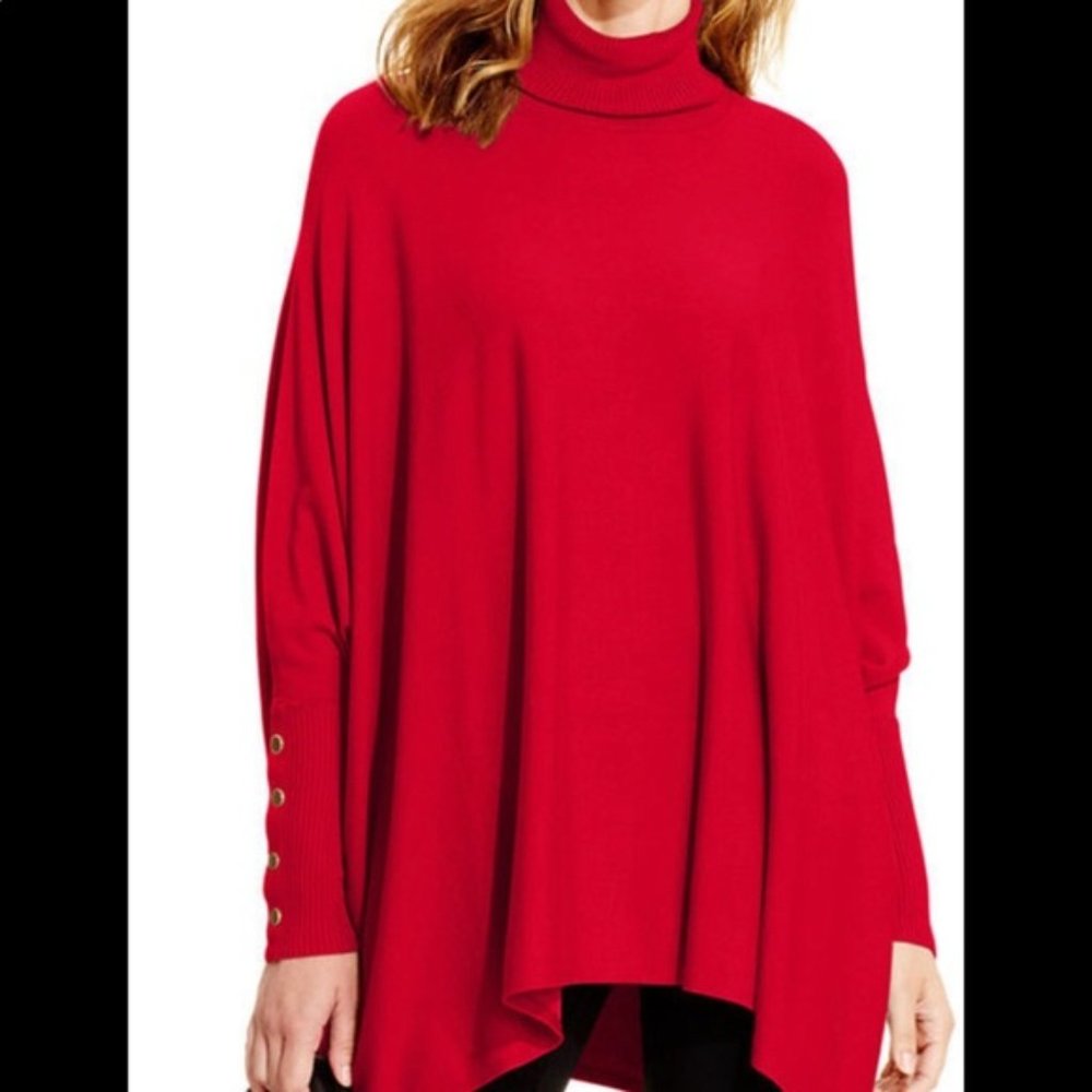 Turtleneck Red Poncho Sweater with Gold Buttons